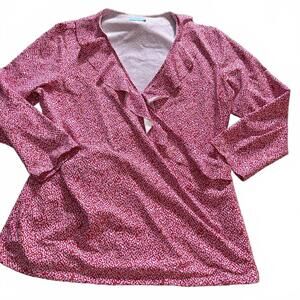 J. McLAUGHLIN Wms SZ L Pink/white Wrap Ruffled Shirt Nylon/Spandex Cottage Core